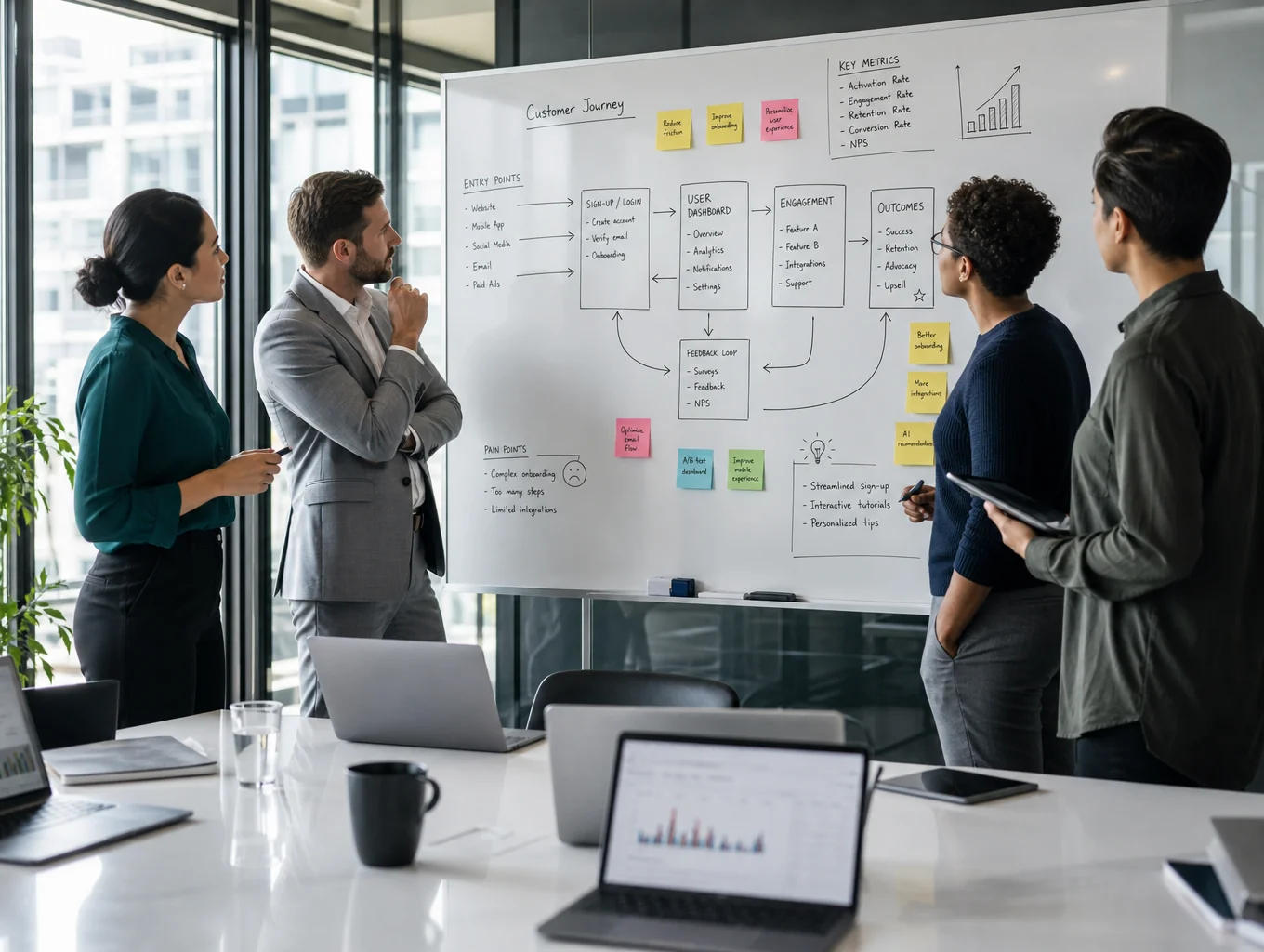 Consulting engineers analyzing distributed integration pipelines and printed architecture notes