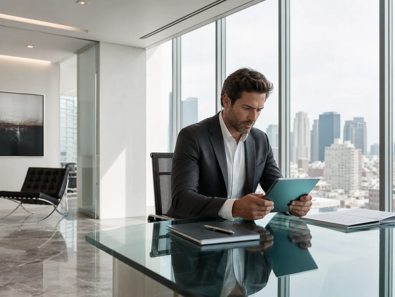 Consultant on a call in a bright office environment