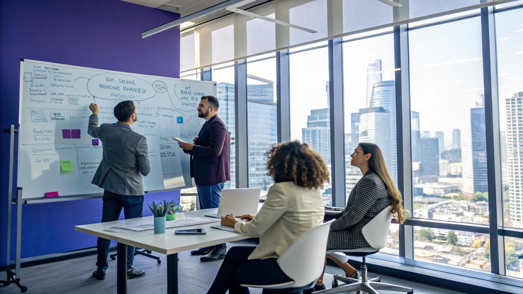 Consulting engineers mapping backend data architecture on a whiteboard