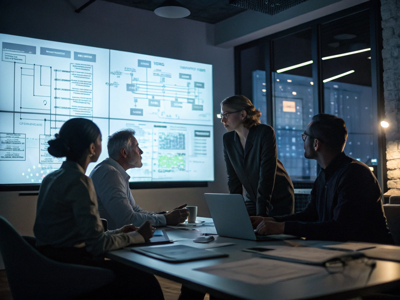 Senior software architects reviewing financial system blueprints and server topologies at a workstation