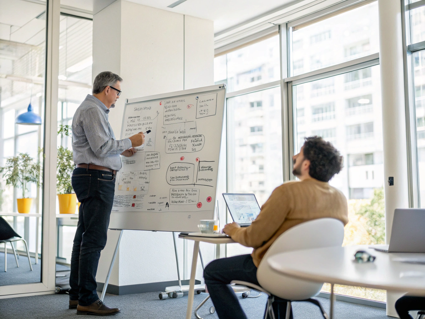 Senior technical consultant reviewing system architecture blueprints on a whiteboard with colleagues in a daylight conference room