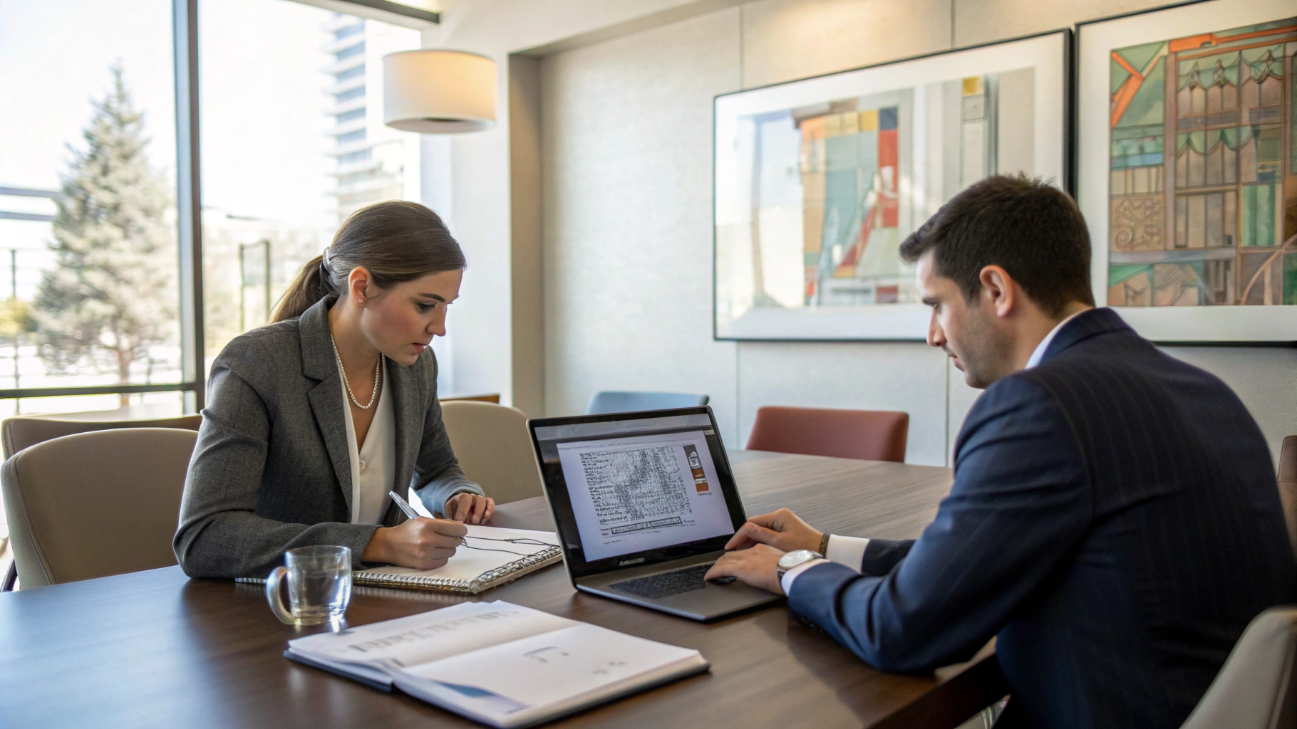 Senior software architect reviewing system schemas with a engineering client across a conference table