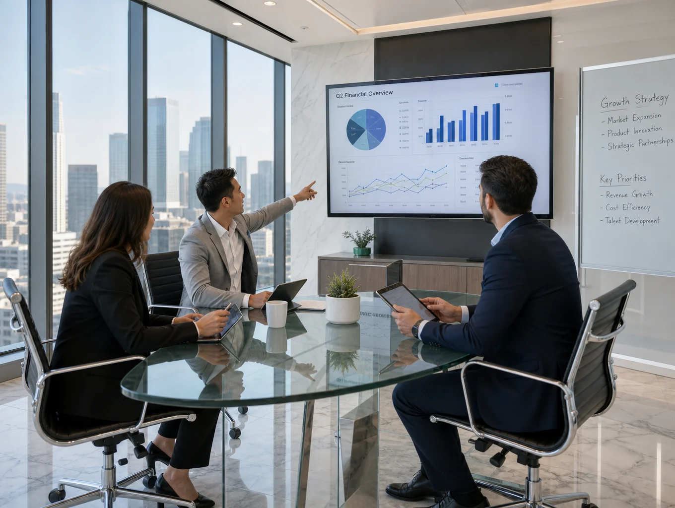 Senior consultants reviewing financial software blueprints and API contracts on a screen