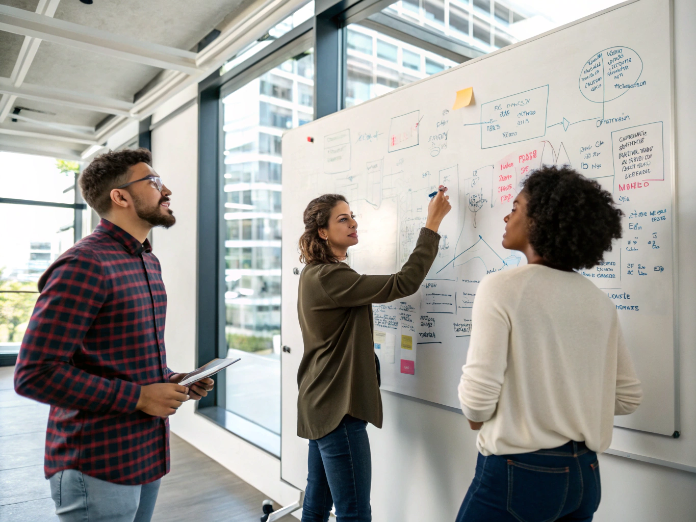 Senior software architects analyzing distributed ledger blueprints in daylight conference room